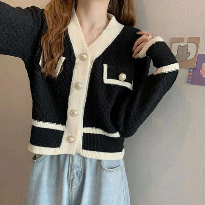 woman sweater cardigan autumn/winter knitting V-neck long lantern sleeve color splicing woman's clothing dropshipping AYX588