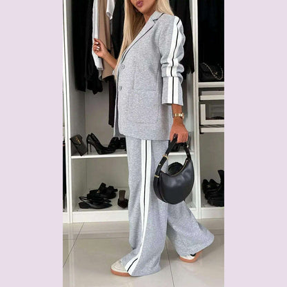 Women 2pcs Clothes Set Stripes Printed Long Sleeve Blazer Jacket & High Waist Long Pants Office Lady