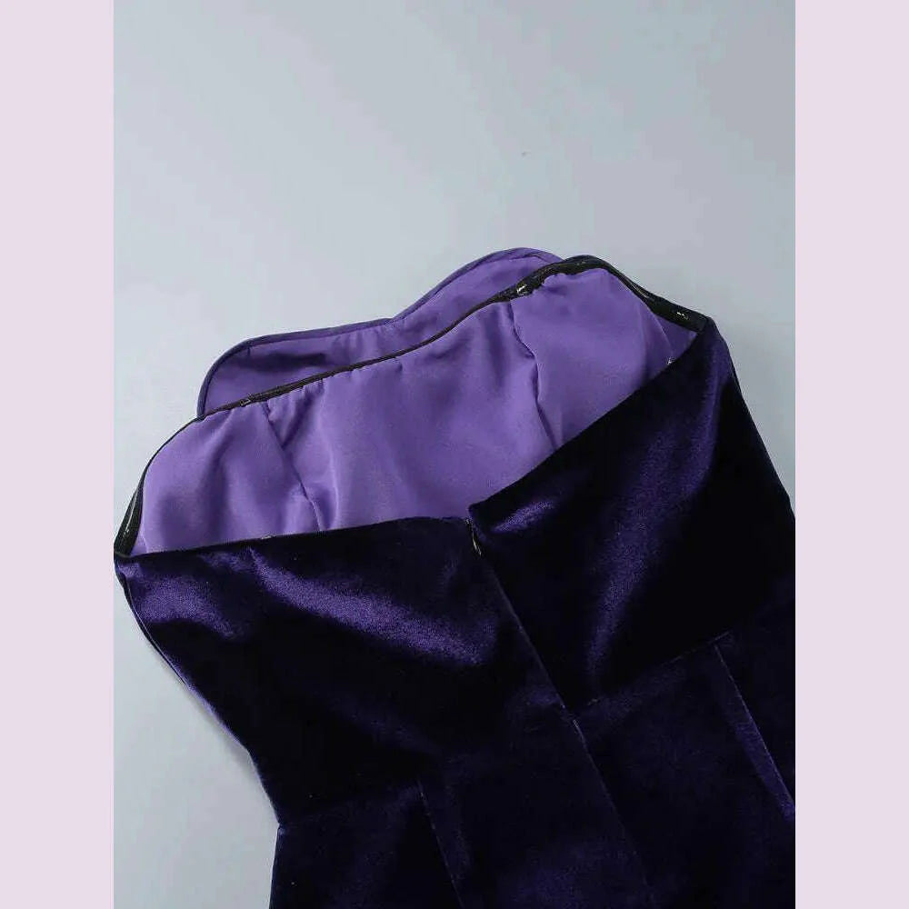 Women Celebrity Sexy Strapaless Backless Velvet Purple Heart Mini Bodycon A Line Dress 2024 Elegant Evening Club Party Outfit