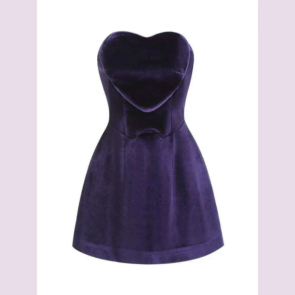 Women Celebrity Sexy Strapaless Backless Velvet Purple Heart Mini Bodycon A Line Dress 2024 Elegant Evening Club Party Outfit