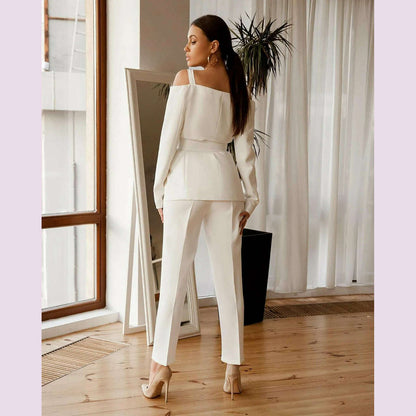 Women Custom Made Tuxedos Summer Off Shoulder Lady Blazer Suits Female High Waist Pants Celebrity Show Wear 2 Pieces