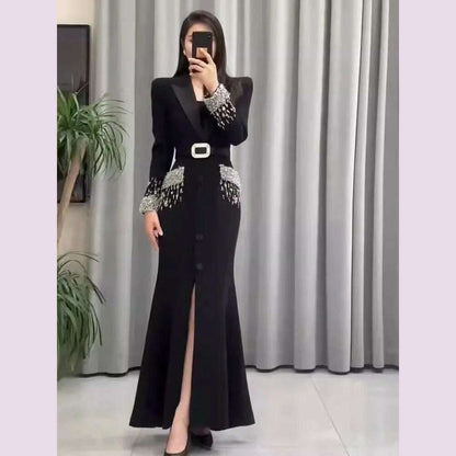 Women Elegant Ankle Length Long Diamonds Dress Lady Single Breasted Belted Slim Waist Split Shiny Crystal Party Mermaid Dresses