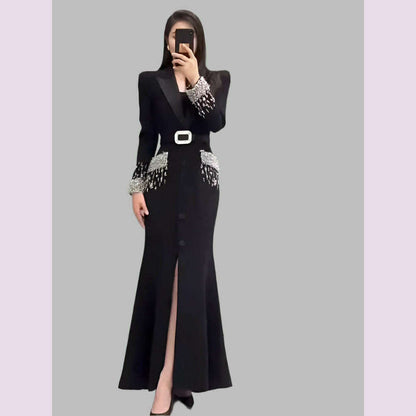 Women Elegant Ankle Length Long Diamonds Dress Lady Single Breasted Belted Slim Waist Split Shiny Crystal Party Mermaid Dresses