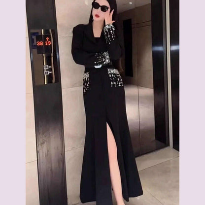 Women Elegant Ankle Length Long Diamonds Dress Lady Single Breasted Belted Slim Waist Split Shiny Crystal Party Mermaid Dresses
