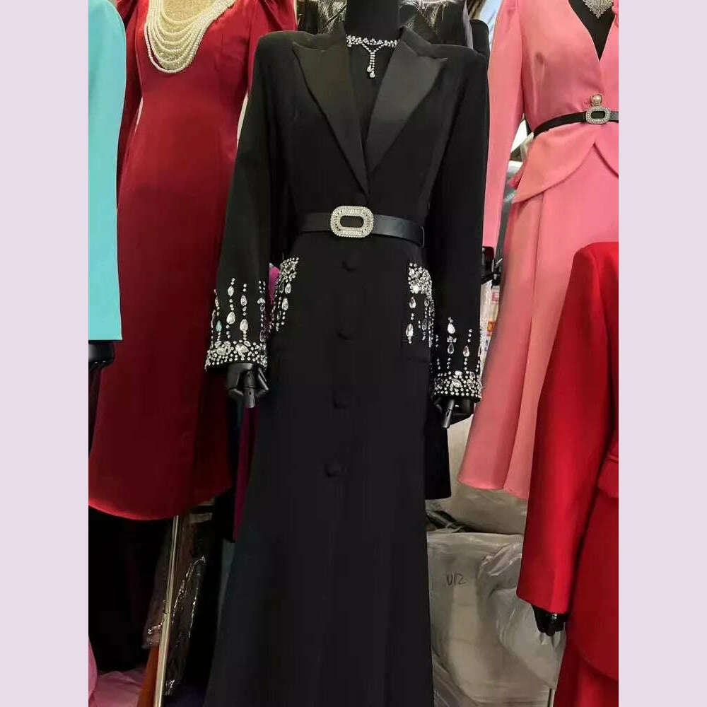 Women Elegant Ankle Length Long Diamonds Dress Lady Single Breasted Belted Slim Waist Split Shiny Crystal Party Mermaid Dresses