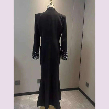 Women Elegant Ankle Length Long Diamonds Dress Lady Single Breasted Belted Slim Waist Split Shiny Crystal Party Mermaid Dresses