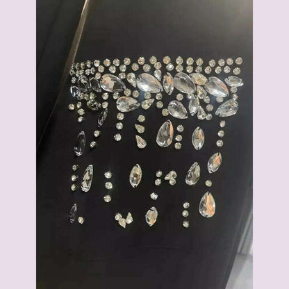 Women Elegant Ankle Length Long Diamonds Dress Lady Single Breasted Belted Slim Waist Split Shiny Crystal Party Mermaid Dresses