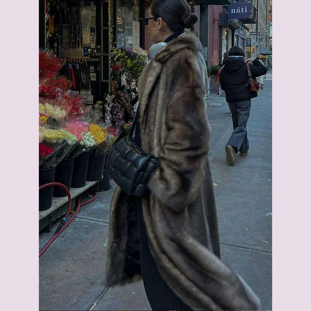 Women Fashion Lapel Gradient Mixed Fur Jacket Chic Long Sleeve Pocket Warm Maxi Coat 2024 Autumn Winter Lady Highstreet Outwear