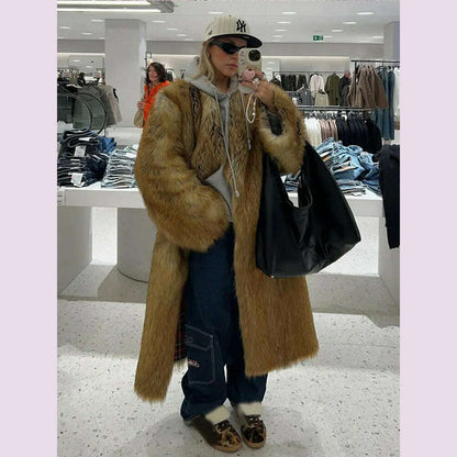 Women Fashion Lapel Gradient Mixed Fur Jacket Chic Long Sleeve Pocket Warm Maxi Coat 2024 Autumn Winter Lady Highstreet Outwear