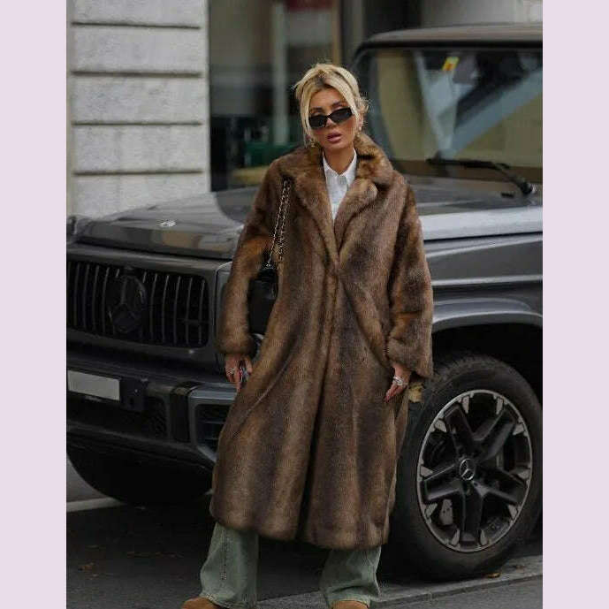 Women Fashion Lapel Gradient Mixed Fur Jacket Chic Long Sleeve Pocket Warm Maxi Coat 2024 Autumn Winter Lady Highstreet Outwear