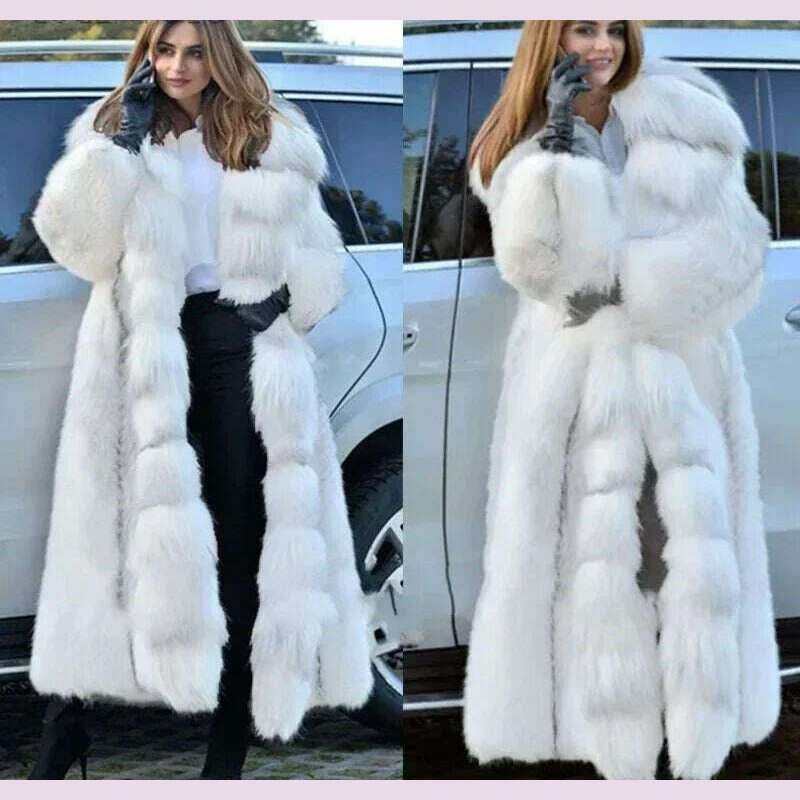 Women Faux Fur Coat Winterf Fashion Warm X-Long Large Size Coats Solid Hooded Loose Open Stitch 5XL New 2024 Elegant Clothing
