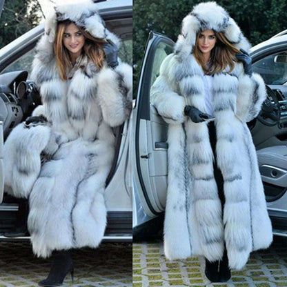 Women Faux Fur Coat Winterf Fashion Warm X-Long Large Size Coats Solid Hooded Loose Open Stitch 5XL New 2024 Elegant Clothing