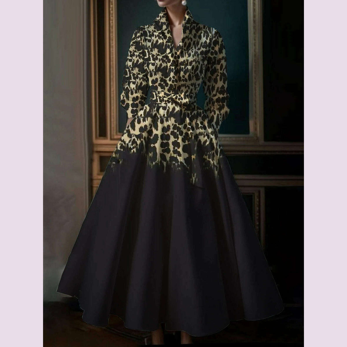 Women Leopard Print Shirt Dress Long Sleeve Pleated A-Line Elegant Casual Vintage Autumn Turn Down Collar Dress with Belt 2024