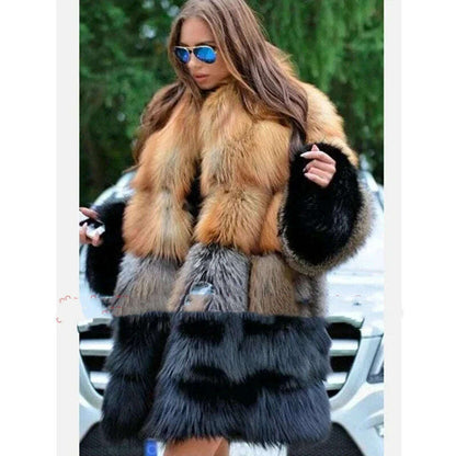 Women Long Faux Fur Coat Winter Fashion Large Size Thick Warm Fur Jacket Yellow and Black Contrast Stitching Cardigan Cloth