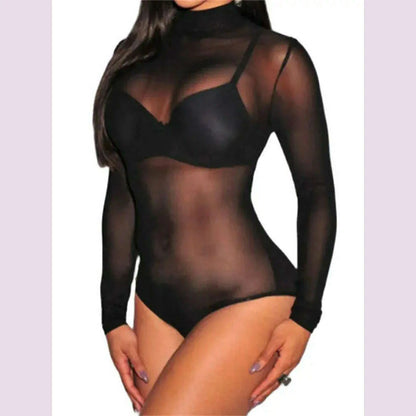 Women Mesh Bodysuits Summer Fall Long Sleeve Mock Neck Bodycon Body Top See Through Vintage Sexy Clubwear