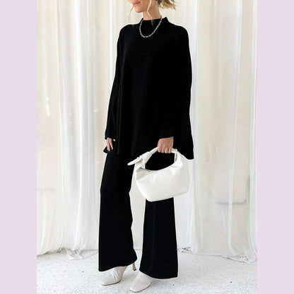 Women Pants Suit Elegant Long Sleeve Semi-high Collar Sweater with Wide Leg Pants Fall Outfit
