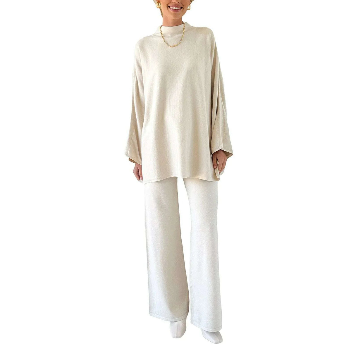 Women Pants Suit Elegant Long Sleeve Semi-high Collar Sweater with Wide Leg Pants Fall Outfit