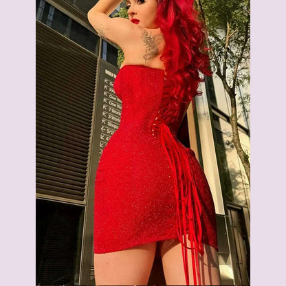 Women Sexy Glitter Back Lace Up Red Strapless Mini Dress Fashion Sleeveless Retract Waist A-line Dresses Lady Party Short Robes