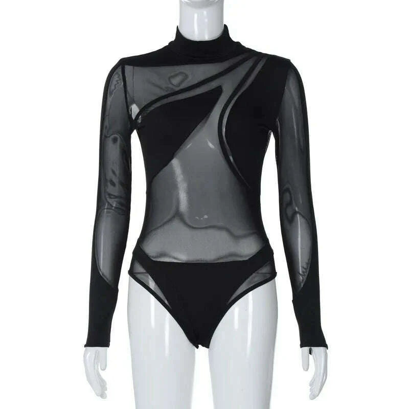 Women Sexy Sheer Mesh Bodysuit Street Clubwear Long Sleeve Turtleneck Patchwork Slim Fit Leotard Tops Fashion Bodysuits