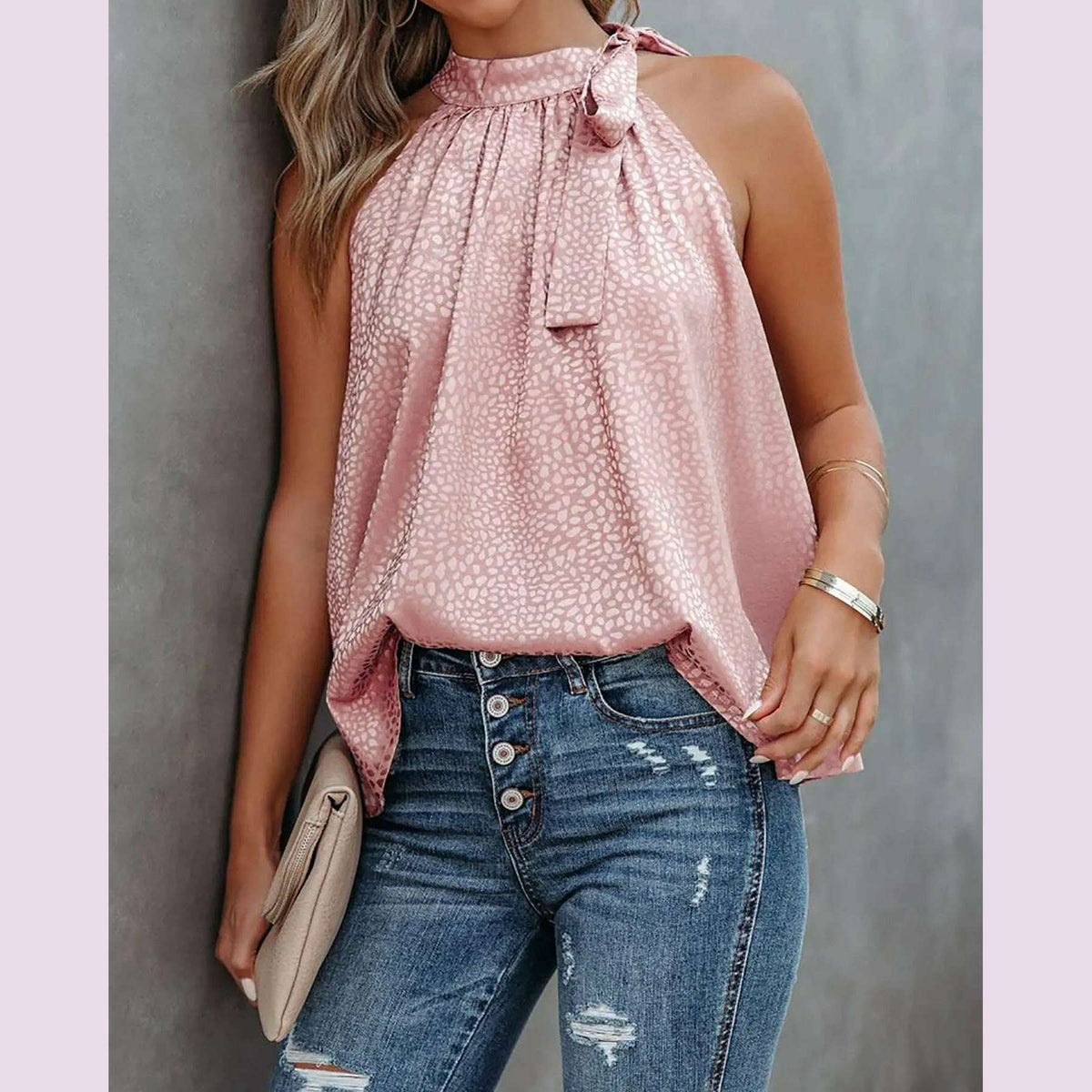 Women Summer Style Blouses Shirts Lady Casual Sleeveless Halter Collar Solid Color Blouse Tops DF5071