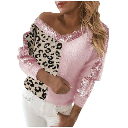 Women Sweater Stitching Leopard Print Sequin Blouse V Neck Temperament Pullover Long Sleeved Female Casual Elegant Pullover