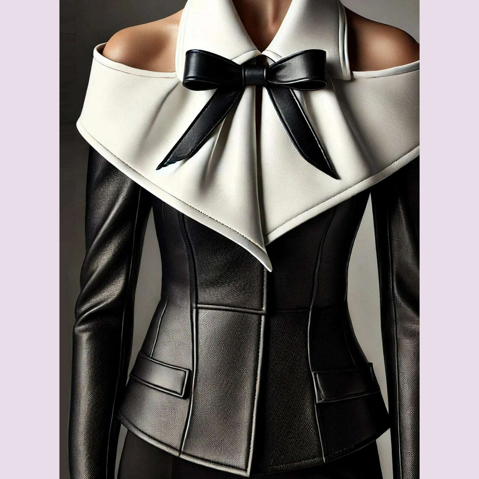 Women Vintage Turndown Collar PU Leather Long Sleeve Blouse Cinched Cold Shoulder Bow Decor T Shirt High Street Streetwear