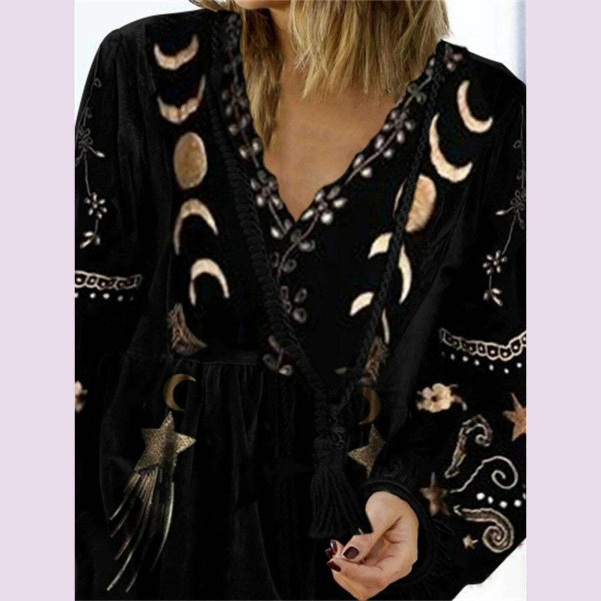 Women Vintage Velvet Shirt Star Moon Pattern V Neck Long Sleeve Streetwear Spring Autumn Loose T-shirt Pullover 2024