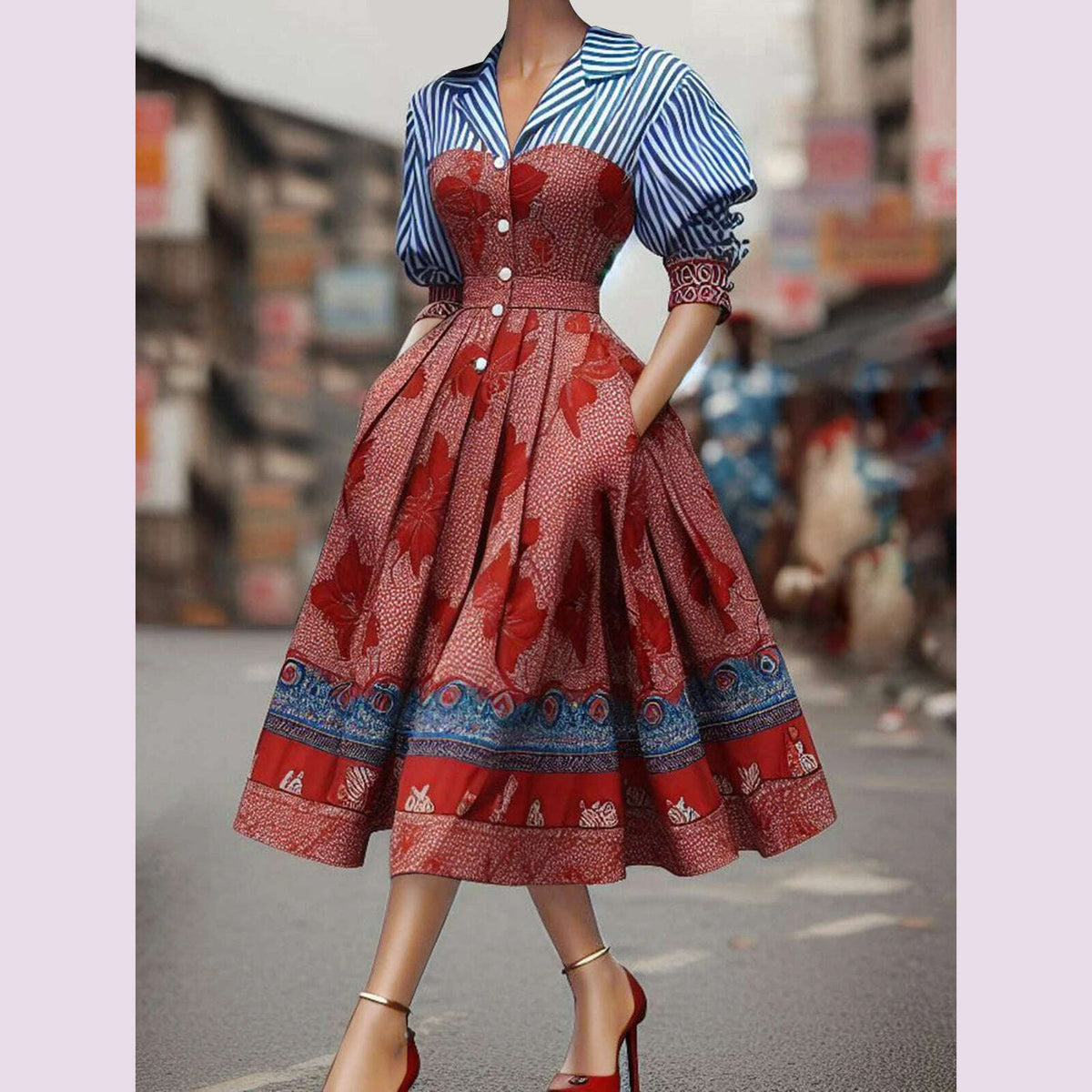 Womens Dress Vintage Floral Print Straiped Pockets Turn Down Collar Puffl Sleeve Patchwork Pleated Button A-Line Elegant Dresses
