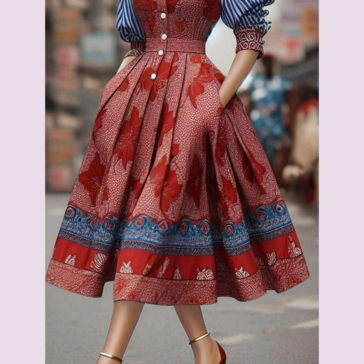Womens Dress Vintage Floral Print Straiped Pockets Turn Down Collar Puffl Sleeve Patchwork Pleated Button A-Line Elegant Dresses