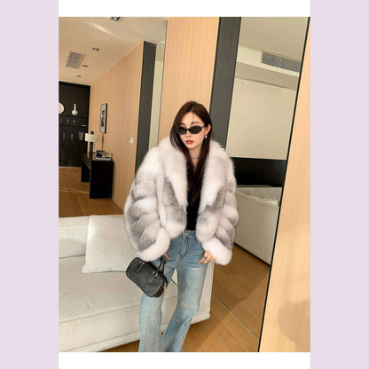 Women's Fur Real Fox Fur Coat Long Sleeve Luxury Natural Fox Cloth Turn Down Collar