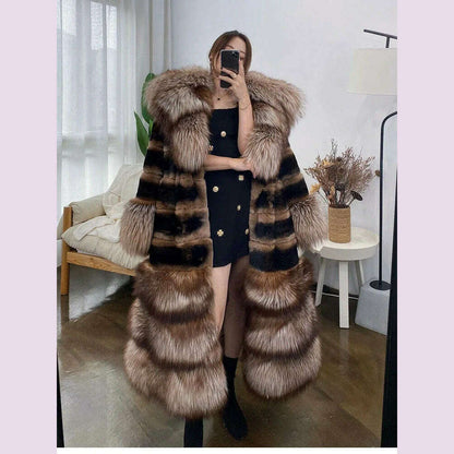 Womens Luxury Real Rex Rabbit Fur Coat Fashion Genuine Fox Fur Thick Collar Overcoat Female Winter Natural Fur Warm Outwear