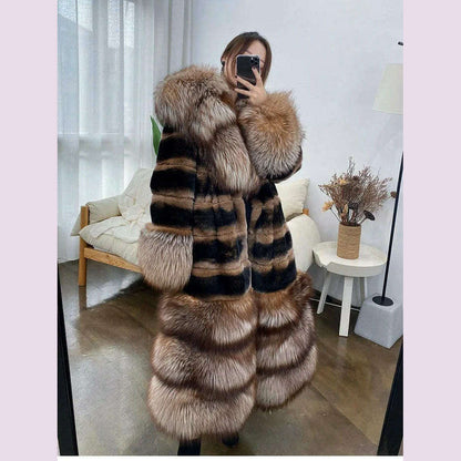 Womens Luxury Real Rex Rabbit Fur Coat Fashion Genuine Fox Fur Thick Collar Overcoat Female Winter Natural Fur Warm Outwear