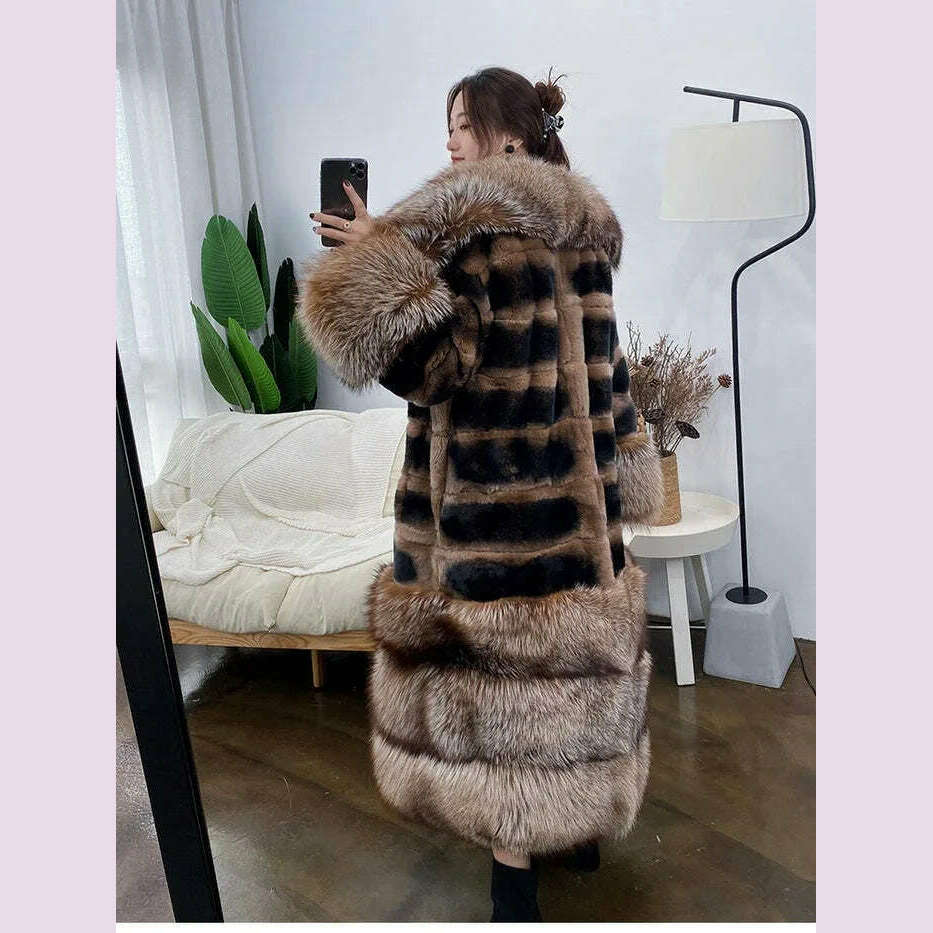 Womens Luxury Real Rex Rabbit Fur Coat Fashion Genuine Fox Fur Thick Collar Overcoat Female Winter Natural Fur Warm Outwear