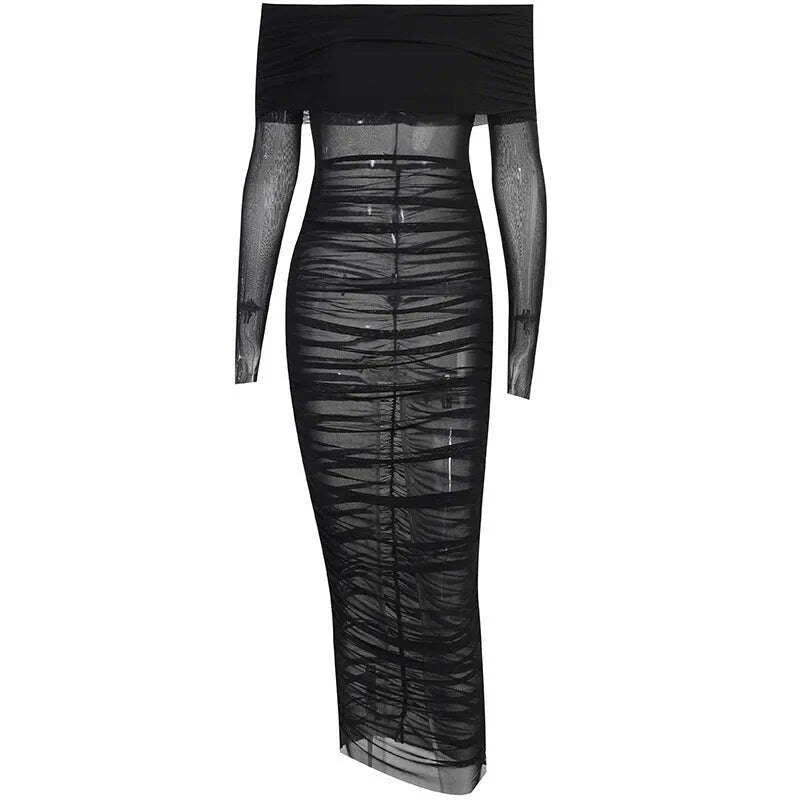 Women's Mesh See Through Mini Bodycon Dress, Black, Monochromatic, Long Sleeve, Party Club Clothing, Spring