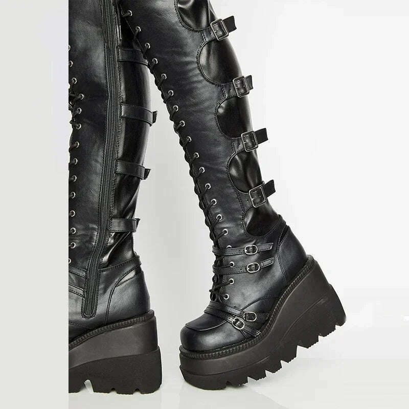 Women's Punk Over-the-Knee Boots: Platform Heels with Belt Buckle, Thigh High Goth Motorcycle Flat Boots in Plus Sizes