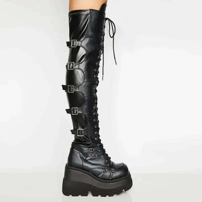 Women's Punk Over-the-Knee Boots: Platform Heels with Belt Buckle, Thigh High Goth Motorcycle Flat Boots in Plus Sizes
