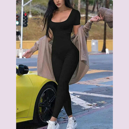 Women's Rompers Short Sleeve Solid Skinny Bodycon Jumpsuits Fashion Sports Fiess Casual Activity Streetwear Overalls