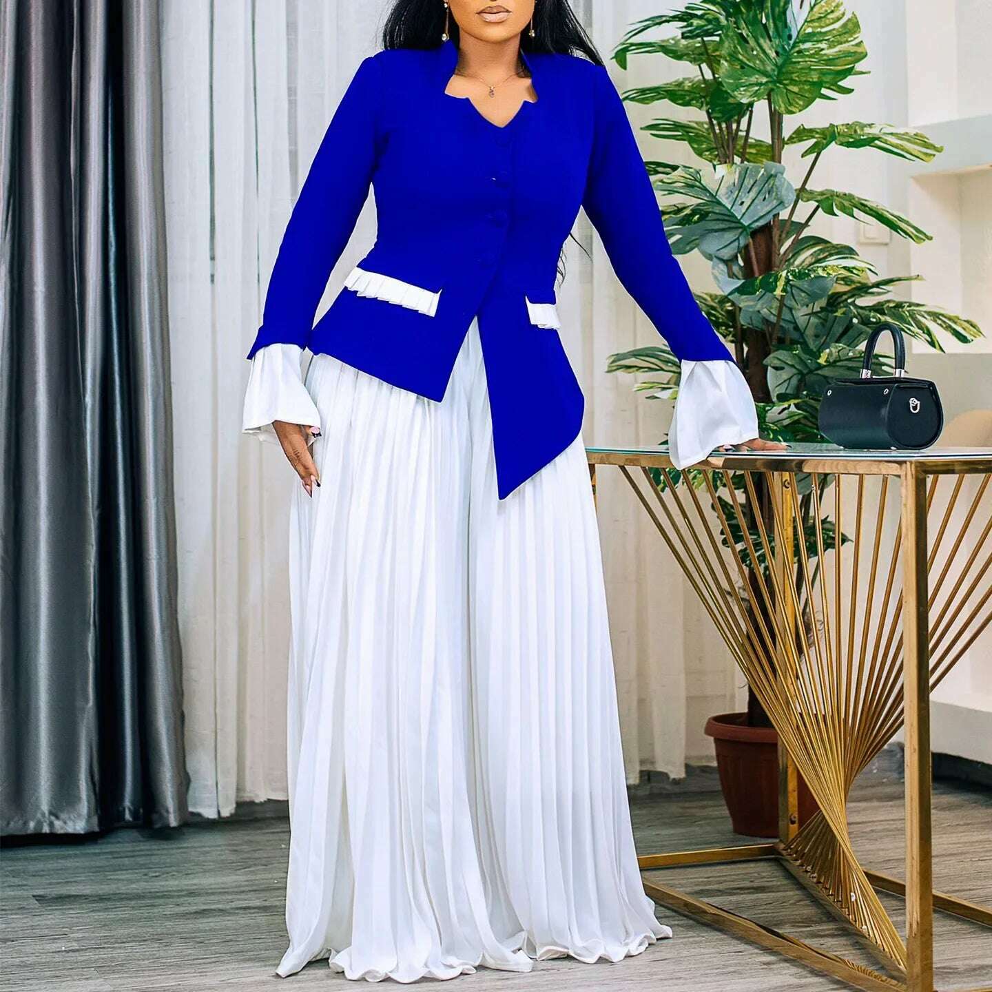 Women's Set Full Flare Sleeve Button Blazer Shirt + Pleated Long Pants Suit Streetwear Two 2 Piece Set Africa OL Outfits