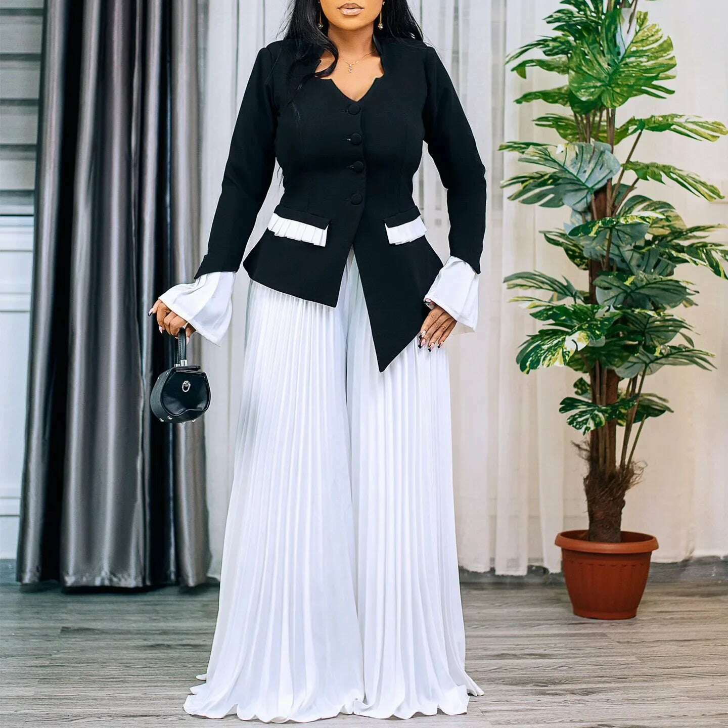 Women's Set Full Flare Sleeve Button Blazer Shirt + Pleated Long Pants Suit Streetwear Two 2 Piece Set Africa OL Outfits