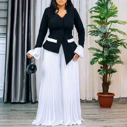 Women's Set Full Flare Sleeve Button Blazer Shirt + Pleated Long Pants Suit Streetwear Two 2 Piece Set Africa OL Outfits