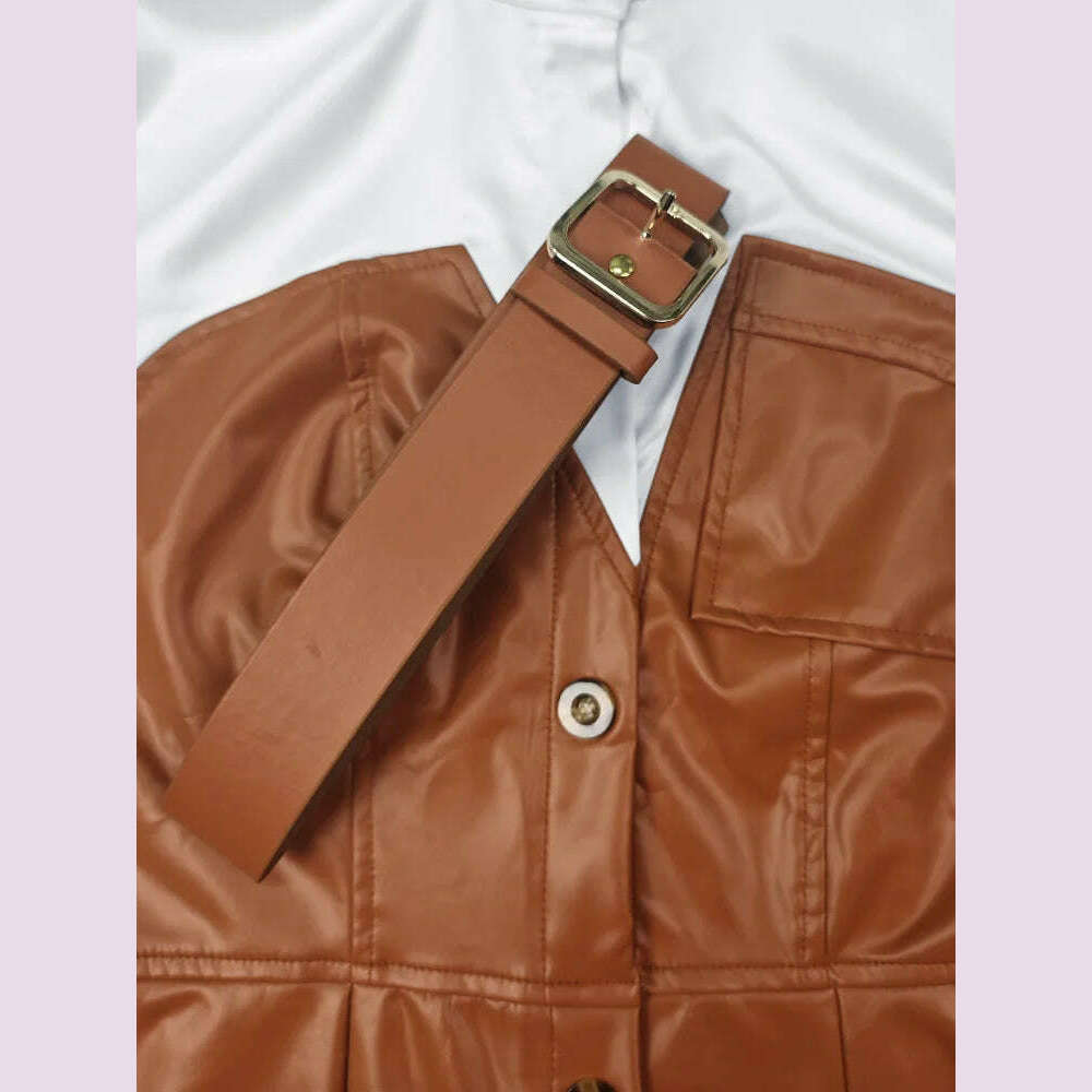 Womens Shirt Collar Dresses New Autumn Buttons Long Sleeve PU Leather Patchwork Pocket Skinny Belted Lapel Female Midi Dress
