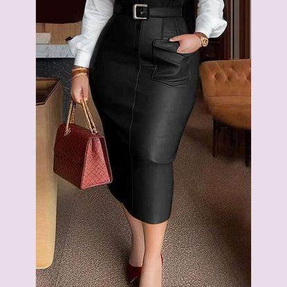 Womens Shirt Collar Dresses New Autumn Buttons Long Sleeve PU Leather Patchwork Pocket Skinny Belted Lapel Female Midi Dress