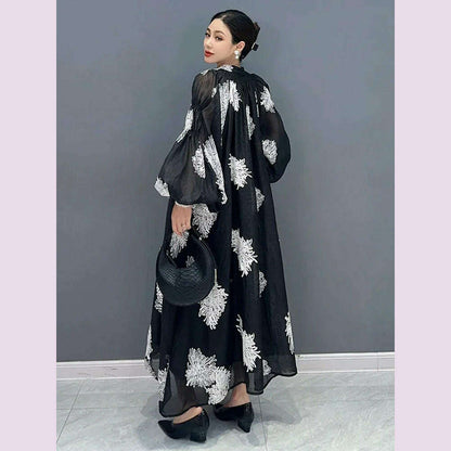 XITAO Loose Print Dress Fashion Temperament Elegant Goddess Fan Women Autumn New Arrival V-neck Appear Thin Dress HQQ1452