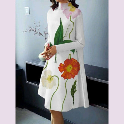 Yeezzi 2024 New Spring Autumn Long Sleeves High Neck A-line Dress Women Loose Flower Printed Elegant Party Evening Midi Dresses