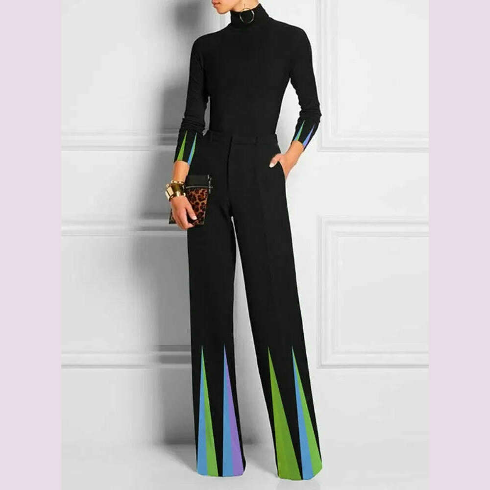 Yeezzi 2025 New Women Fashion Striped Two Piece Sets Long Sleeves Skinny High Neck Tops Elastic High Waisted Straight Leg Pants