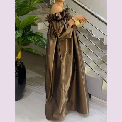 Yeezzi Women Fashion Falbala Elegant Evening Maxi Dresses 2025 New Spring Puff Sleeves Pleated Off-The-Shoulder Party Prom Dress