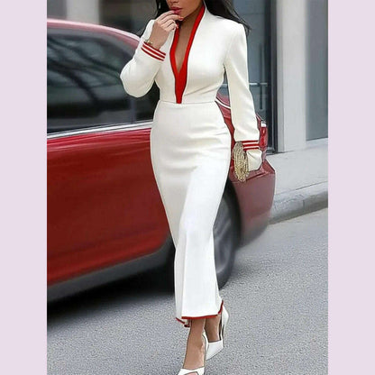 Yeezzi Women's Fashion Contrast Color Deep V-Neck Evening Maxi Dresses 2025 New Autumn Long Sleeves Sexy Prom Party A-line Dress