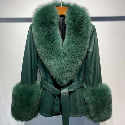 YOLOAgain Women's Real Fox Fur Collar Sheepskin Leather Jacket Coat Autumn 2024