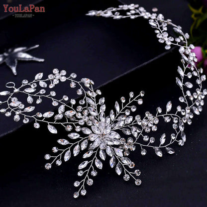 YouLaPan HP282 Wedding Headband Alloy Flower Leaf Hair Tiara Rhinestone Headpiece Bridal Headwear Hair Accessories Head Jewelry