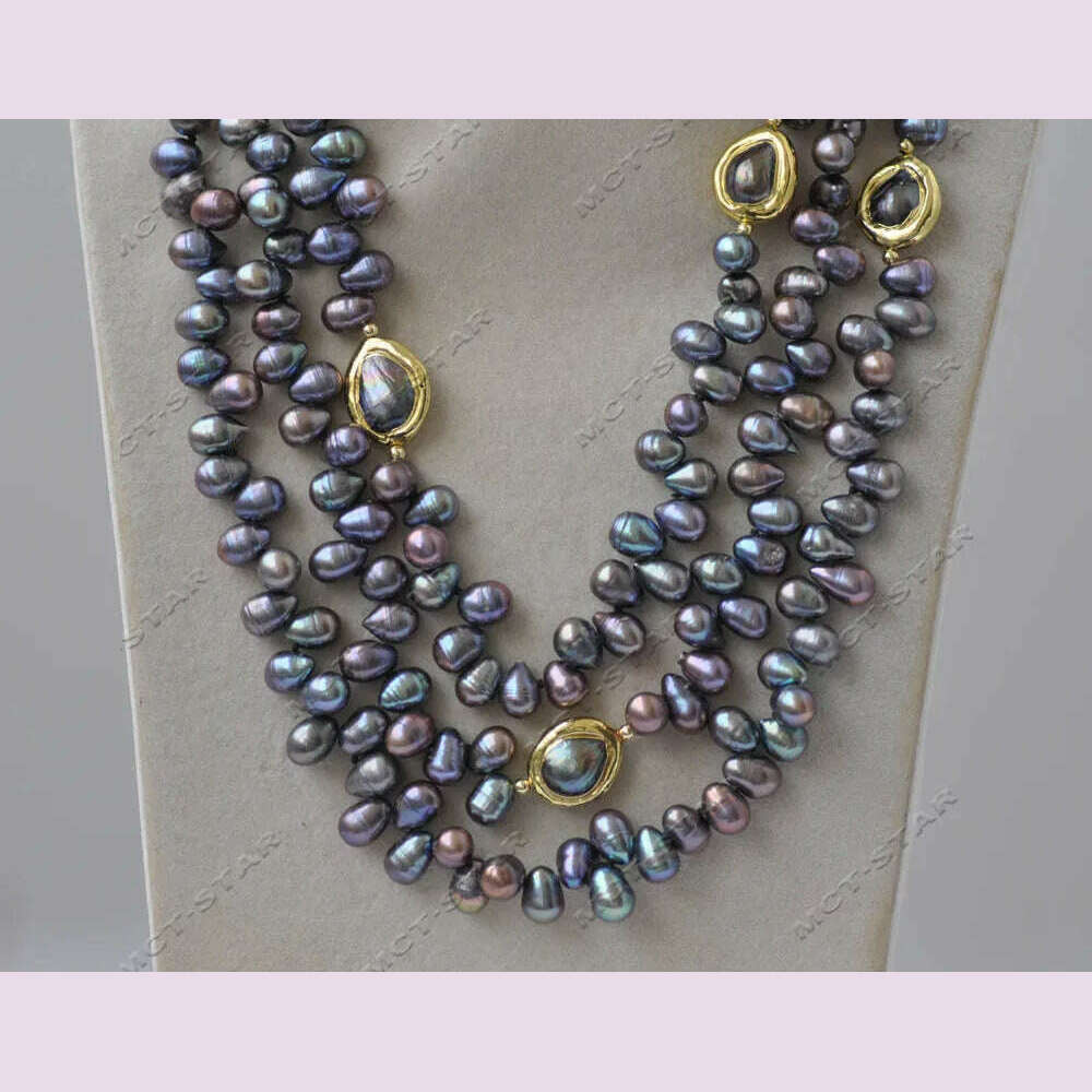 Z13344 3Row 20" 16mm Peacock Black Rice Gold plated Freshwater Pearl Necklace Custom Jewelry
